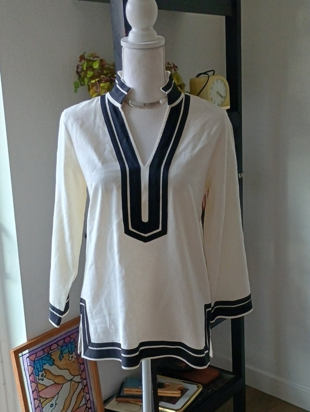 Karen Kane Cream Tunic Top with Black Trim